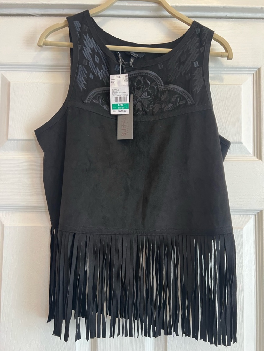 Buffalo David Bitton Black Suede-Look Fringe Embroidered Tank